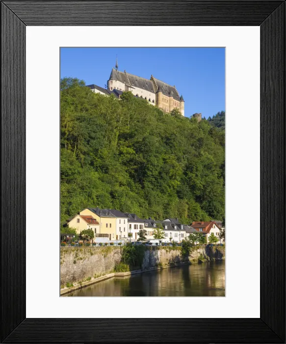 Framed Print : Luxembourg, Vianden, View of Vianden Castle above the town and Our River