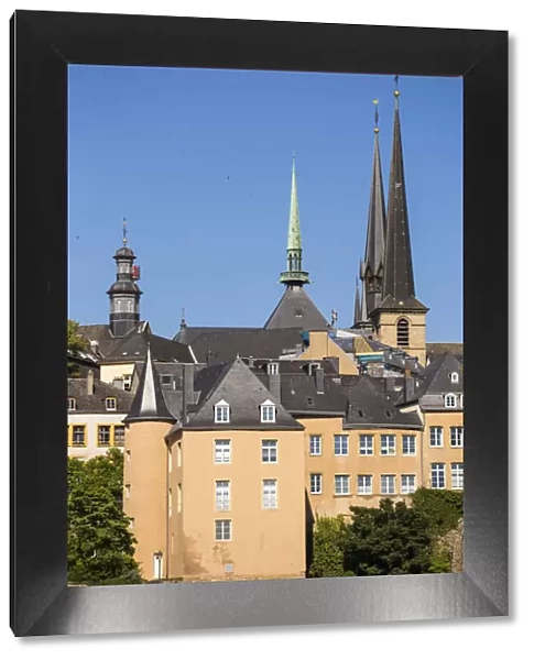 Luxembourg, Luxembourg City, The Corniche (Chemin de la Corniche) and spires of Our