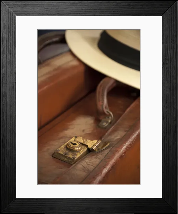 Framed Print : Vintage Leather Suitcase with Panama Hat Framed Print : Vintage Leather Suitcase with Panama Hat