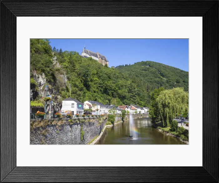 Framed Print : Luxembourg, Vianden, View of Vianden Castle above the town and Our River Framed Print : Luxembourg, Vianden, View of Vianden Castle above the town and Our River