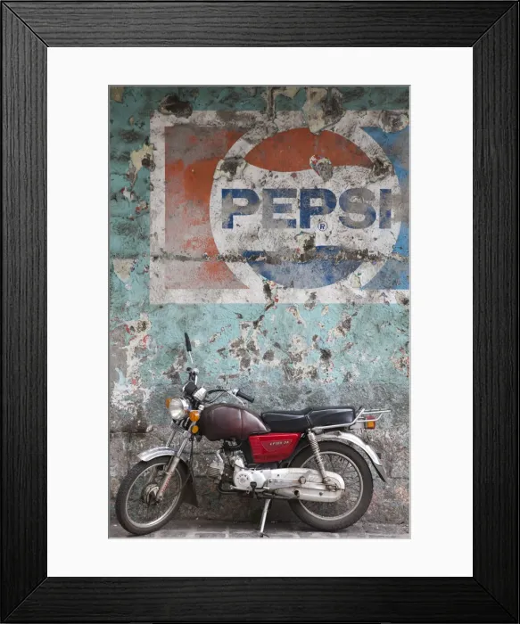 Framed Print : Mauritius, Port Louis, Chinatown, motorbike in front of Pepsi sign Framed Print : Mauritius, Port Louis, Chinatown, motorbike in front of Pepsi sign