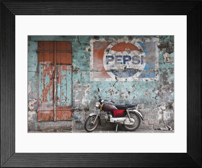 Framed Print : Mauritius, Port Louis, Chinatown, motorbike in front of Pepsi sign Framed Print : Mauritius, Port Louis, Chinatown, motorbike in front of Pepsi sign