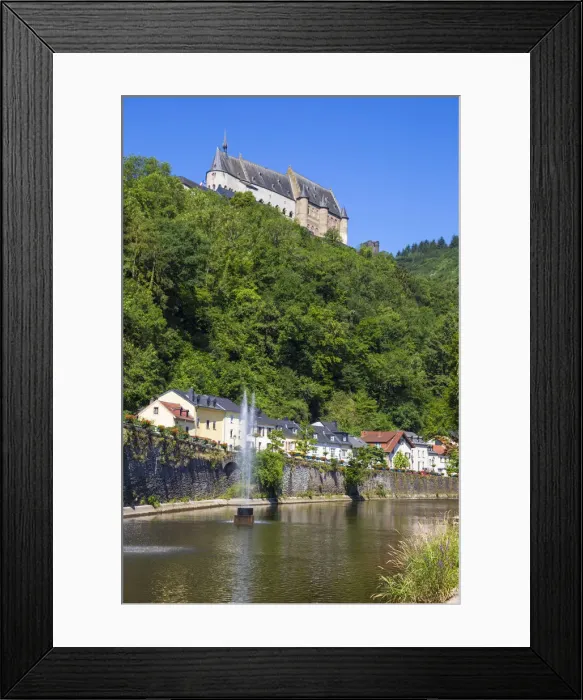 Framed Print : Luxembourg, Vianden, View of Vianden Castle above the town and Our River Framed Print : Luxembourg, Vianden, View of Vianden Castle above the town and Our River