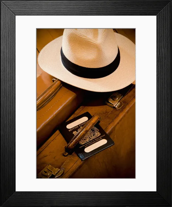 Framed Print : Vintage Leather Suitcase with Panama Hat and old style British Passport Framed Print : Vintage Leather Suitcase with Panama Hat and old style British Passport
