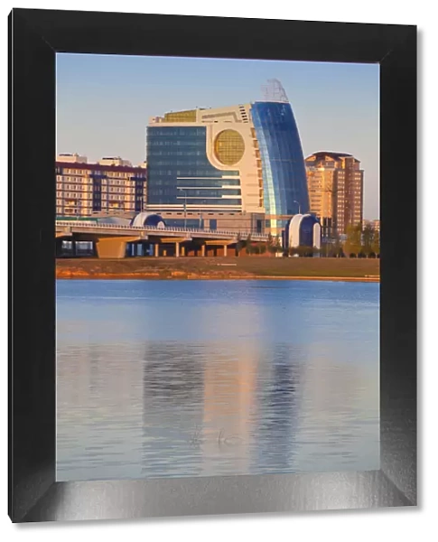 Kazakhstan, Astana, View of bridge on Kaldayakov St and city skyline