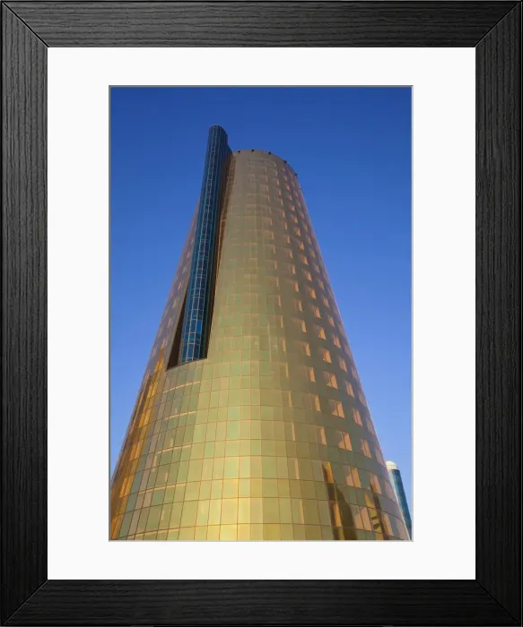 Framed Print : Kazakhstan, Astana, Twin golden-green, conical business centre Framed Print : Kazakhstan, Astana, Twin golden-green, conical business centre