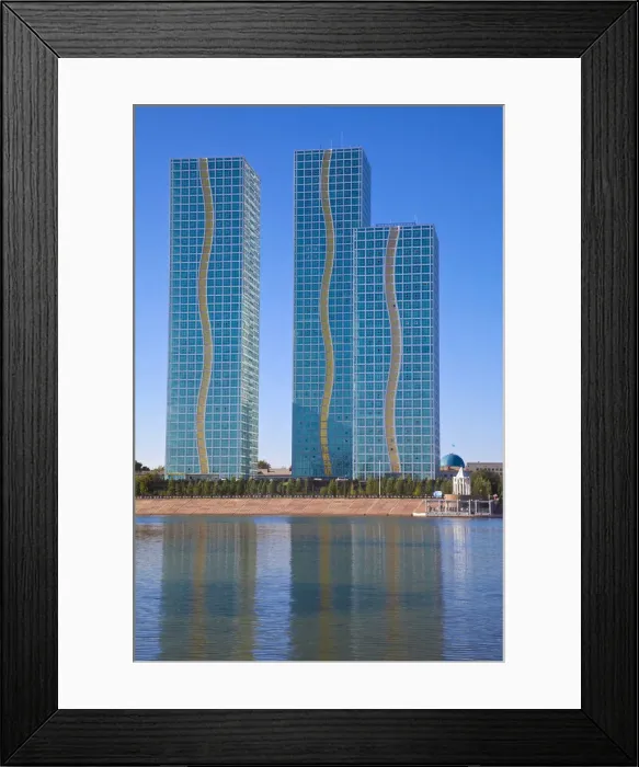 Framed Print : Kazakhstan, Astana, View of appartment buildings reflecting in Ishim River Framed Print : Kazakhstan, Astana, View of appartment buildings reflecting in Ishim River