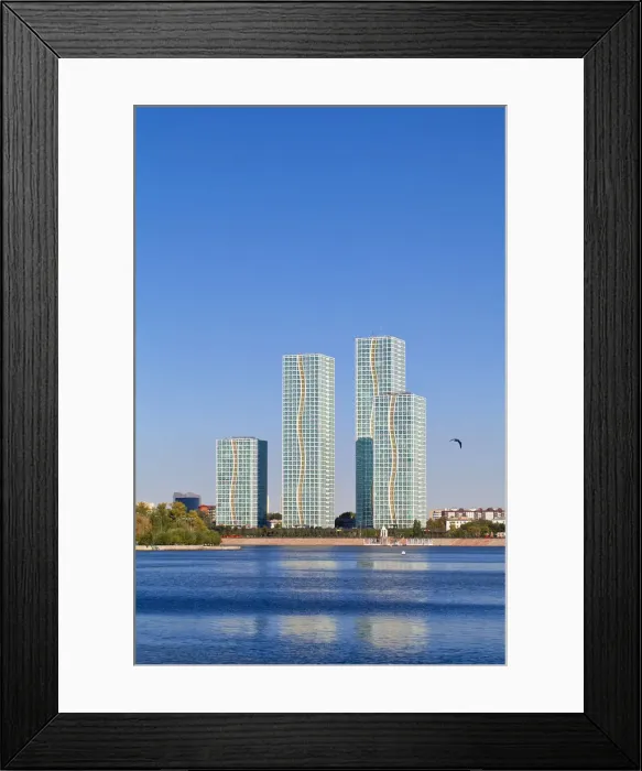 Framed Print : Kazakhstan, Astana, View of appartment buildings reflecting in Ishim River Framed Print : Kazakhstan, Astana, View of appartment buildings reflecting in Ishim River