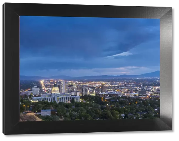 USA, Utah, Davis County, Salt Lake City, capitol, State street and capitol at dusk