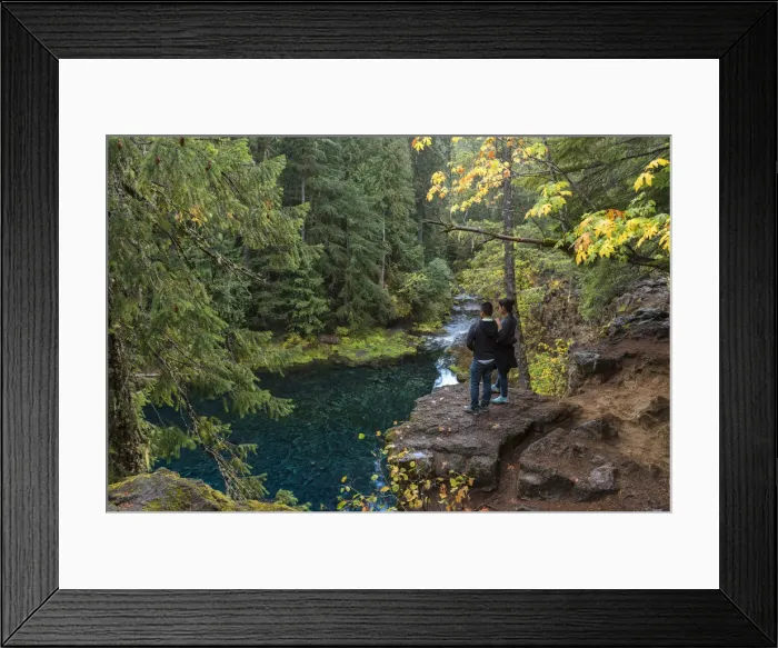 Framed Print : USA, Oregon, Willamette National Forest, Blue Pool on the McKenzie River, couple looking Framed Print : USA, Oregon, Willamette National Forest, Blue Pool on the McKenzie River, couple looking