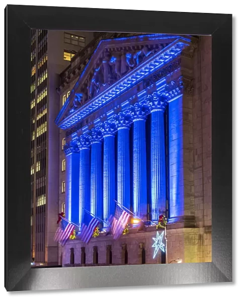 New York Stock Exchange enlightened by night, Wall Street, Lower Manhattan, New York, USA