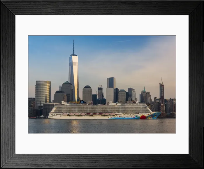 Framed Print : Norwegian Cruise Line ship passing through Hudson River with Lower Manhattan financial