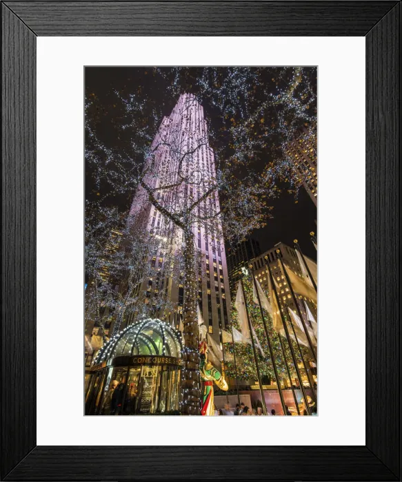Framed Print : Night low angle view of trees wrapped with Christmas lights and Rockefeller Center Framed Print : Night low angle view of trees wrapped with Christmas lights and Rockefeller Center