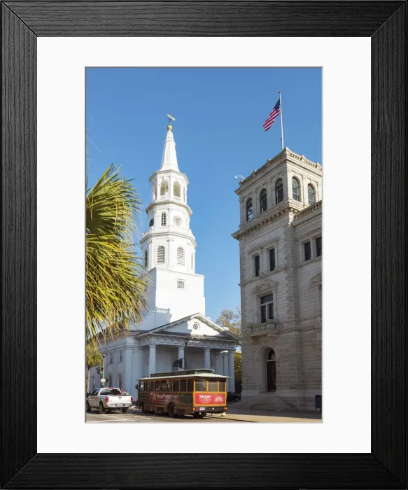 Framed Print : USA, South Carolina, Charleston. Tram passing under St. Michaels Episcopal Church Framed Print : USA, South Carolina, Charleston. Tram passing under St. Michaels Episcopal Church