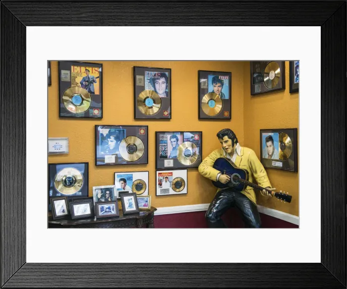Framed Print : USA, Tennessee, Memphis, Staute gold records of Elvis Presley in the Heartbreak hotel Framed Print : USA, Tennessee, Memphis, Staute gold records of Elvis Presley in the Heartbreak hotel