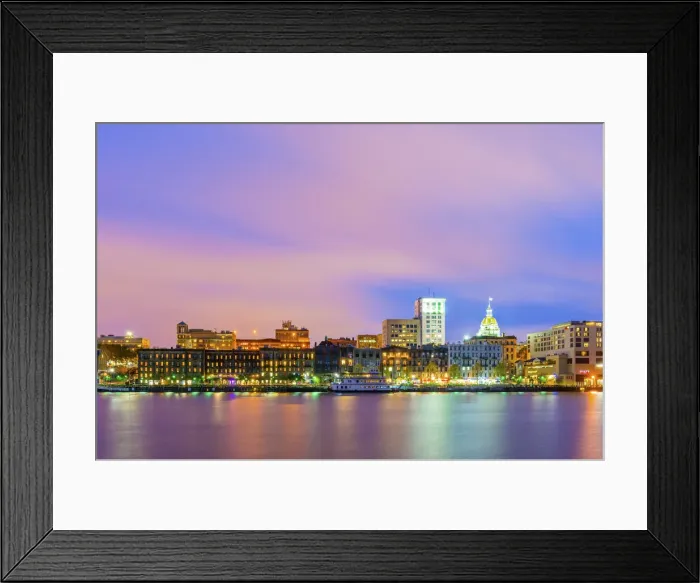 Framed Print : USA, Georgia, Savannah, Skyline reflected in the Savannah river