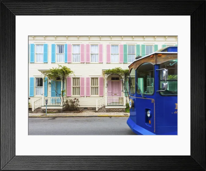 Framed Print : USA, Georgia, Savannah, Woman walking past a row of colourful houses Framed Print : USA, Georgia, Savannah, Woman walking past a row of colourful houses