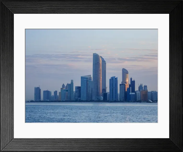 Framed Print : Skyline of the city center at sunrise, Abu Dhabi, United Arab Emirates Framed Print : Skyline of the city center at sunrise, Abu Dhabi, United Arab Emirates
