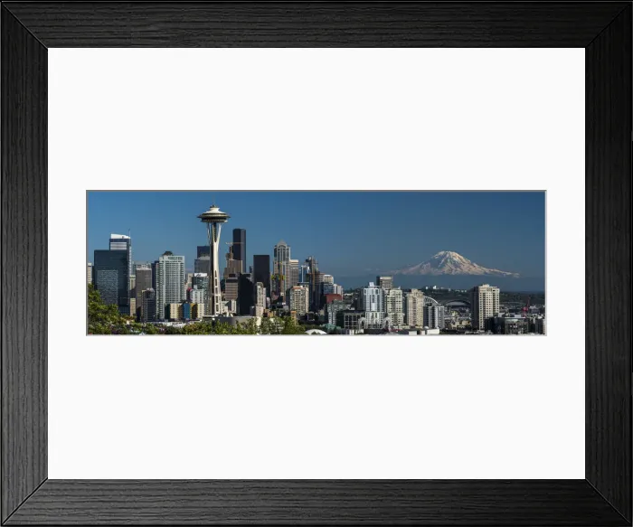 Framed Print : Panoramic view over downtown and Space Needle with Mount Rainier at distance, Seattle Framed Print : Panoramic view over downtown and Space Needle with Mount Rainier at distance, Seattle