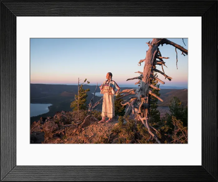 Framed Print : Native woman, Acosia M. Red Elk, in historic buckskin dress on top of Paulina Peak