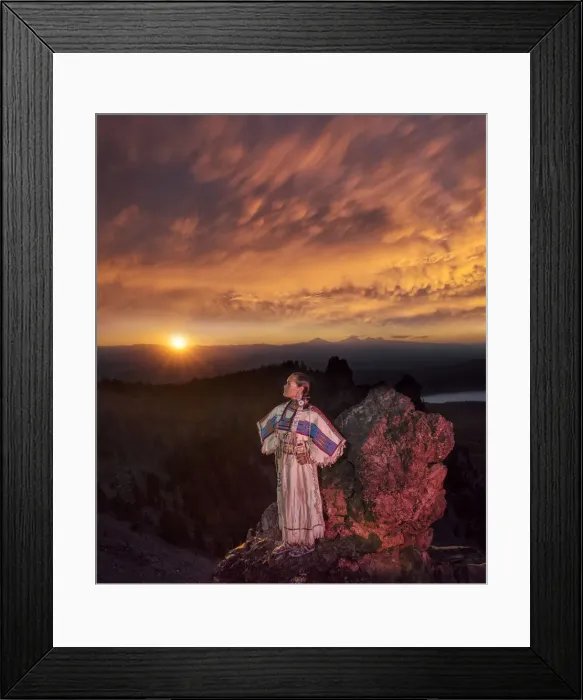 Framed Print : Native woman, Acosia M. Red Elk, in historic buckskin dress on top of Paulina Peak Framed Print : Native woman, Acosia M. Red Elk, in historic buckskin dress on top of Paulina Peak