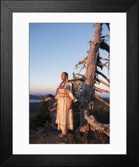 Framed Print : Native woman, Acosia M. Red Elk, in historic buckskin dress on top of Paulina Peak Framed Print : Native woman, Acosia M. Red Elk, in historic buckskin dress on top of Paulina Peak