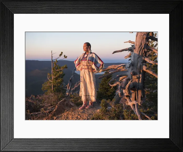 Framed Print : Native woman, Acosia M. Red Elk, in historic buckskin dress on top of Paulina Peak Framed Print : Native woman, Acosia M. Red Elk, in historic buckskin dress on top of Paulina Peak