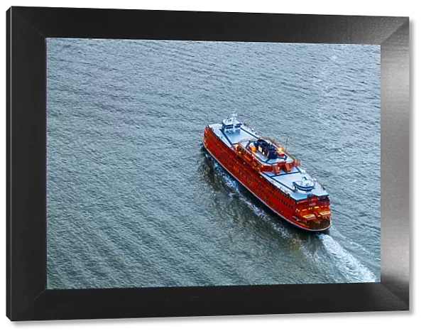 Aerial of iconic Staten Island Ferry boat, New York city, USA