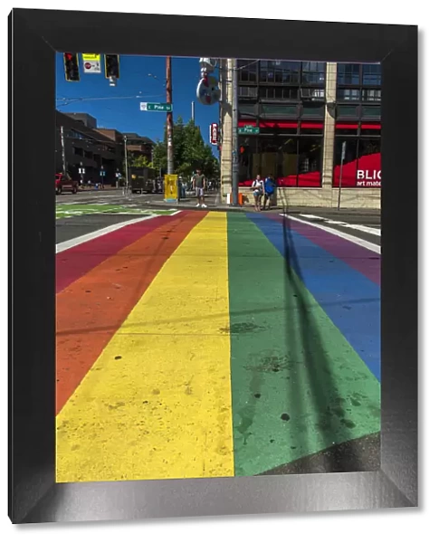 Gay-themed rainbow crosswalk in Capitol Hill district, Seattle, Washington, USA