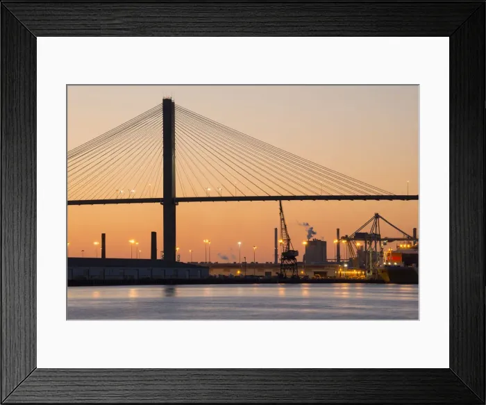 Framed Print : USA, Georgia, Savannah, Talmadge Memorial Bridge over Savannah river at dusk Framed Print : USA, Georgia, Savannah, Talmadge Memorial Bridge over Savannah river at dusk