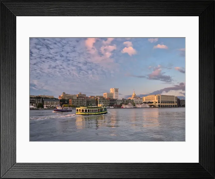 Framed Print : USA, Georgia, Savannah, first light along the Savannah river looking towards the city