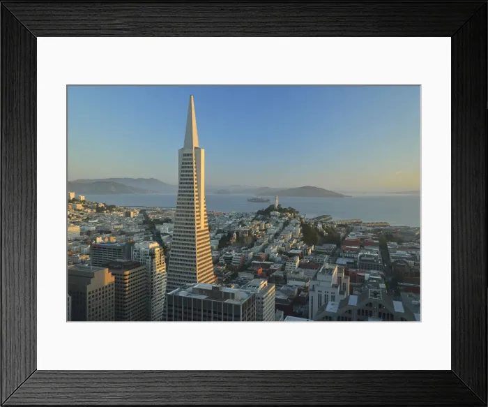 Framed Print : View from Hotel Mandarin Oriental over Transamerica Pyramid with Coit tower and San Framed Print : View from Hotel Mandarin Oriental over Transamerica Pyramid with Coit tower and San