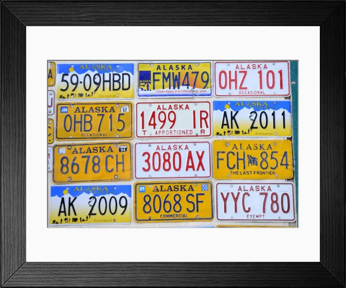 Framed Print : Wall decorated with License plates, Fairbanks, Alaska, USA Framed Print : Wall decorated with License plates, Fairbanks, Alaska, USA