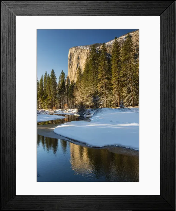 Framed Print : Scenic winter landscape with El Capitan mountain reflected in the river, Yosemite Framed Print : Scenic winter landscape with El Capitan mountain reflected in the river, Yosemite