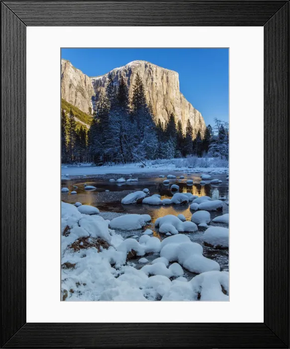 Framed Print : Winter landscape with iced river and El Capitan mountain behind, Yosemite National Park Framed Print : Winter landscape with iced river and El Capitan mountain behind, Yosemite National Park