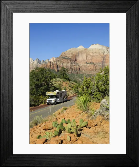 Framed Print : Motorhome at West Temple Mountain, Zion National park, Utah, USA Framed Print : Motorhome at West Temple Mountain, Zion National park, Utah, USA