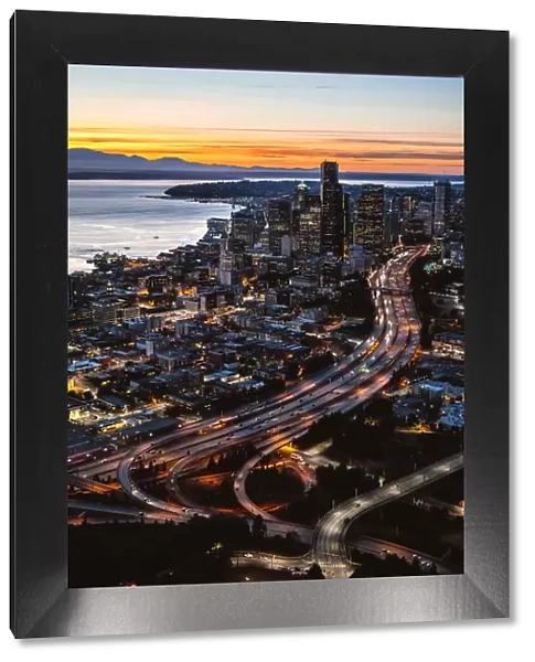 Aerial view of Seattle downtown skyline at dusk, Seattle, Washington, USA