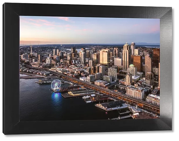Aerial view of Seattle downtown skyline at sunset, Seattle, Washington, USA