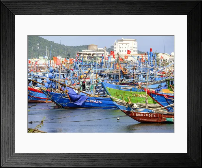 Framed Print : Asia, South East Asia, Vietnam, Danang, wooden fishing boats in harbour flying Vietnamese Framed Print : Asia, South East Asia, Vietnam, Danang, wooden fishing boats in harbour flying Vietnamese