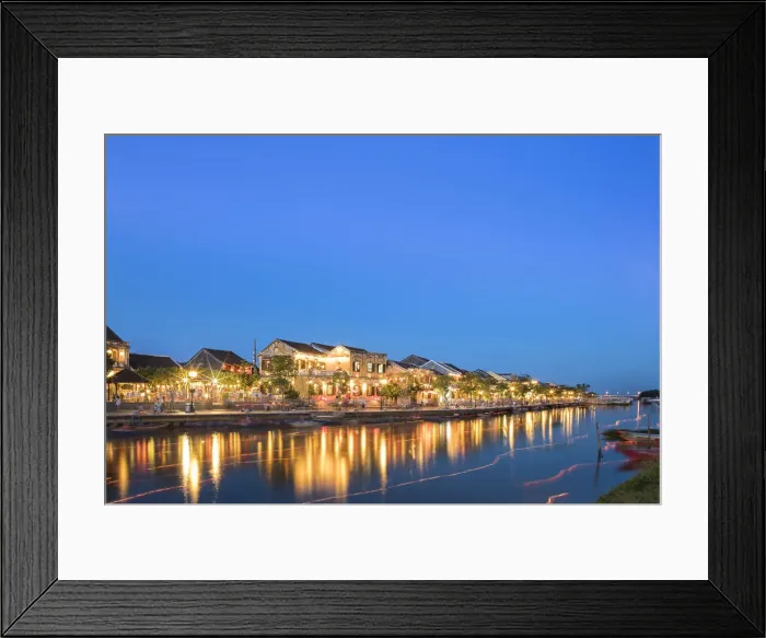 Framed Print : Asia, South East Asia, Vietnam; Hoi An (Faifoo), illuminated shop houses, river boats