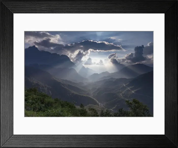 Framed Print : Mountain scenery near Sapa with rays of sun behind the clouds, Sapa, Vietnam Framed Print : Mountain scenery near Sapa with rays of sun behind the clouds, Sapa, Vietnam