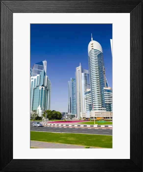 Framed Print : Qatar, Doha, Corniche, modern buildings beside Sheraton Roundabout Framed Print : Qatar, Doha, Corniche, modern buildings beside Sheraton Roundabout