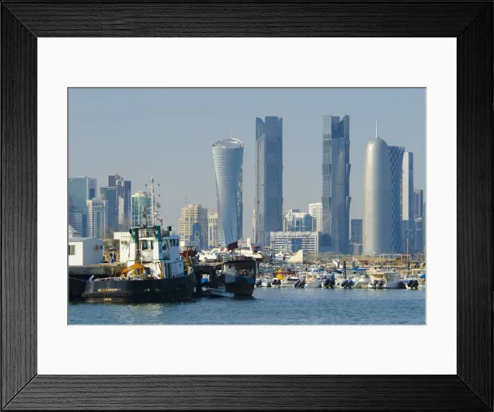 Framed Print : Qatar, Doha, Modern Skyline from Dhow Harbour Framed Print : Qatar, Doha, Modern Skyline from Dhow Harbour