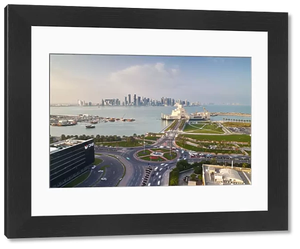 Qatar, Doha, Elevated view over the Museum of Islamic Art and the Dhow harbour to