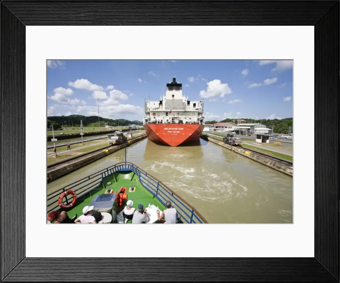 Framed Print : Panama, Panama Canal, Tanker and tourist boat in Miraflores Locks Framed Print : Panama, Panama Canal, Tanker and tourist boat in Miraflores Locks