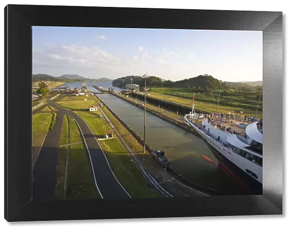 Panama, Panama Canal, Queen Victoria cruise ship on its maiden World Cruise transitting