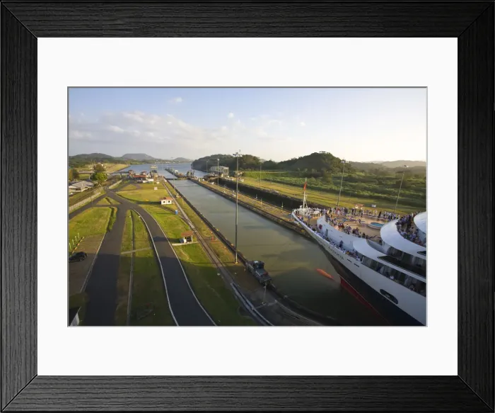 Framed Print : Panama, Panama Canal, Queen Victoria cruise ship on its maiden World Cruise transitting Framed Print : Panama, Panama Canal, Queen Victoria cruise ship on its maiden World Cruise transitting