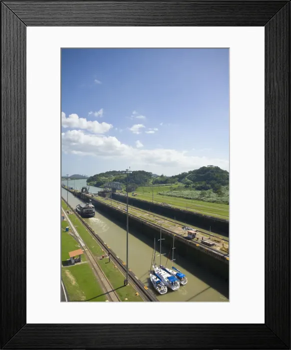 Framed Print : Panama, Panama Canal, Three Yachts tied up together in Miraflores Locks know as Tandam Framed Print : Panama, Panama Canal, Three Yachts tied up together in Miraflores Locks know as Tandam