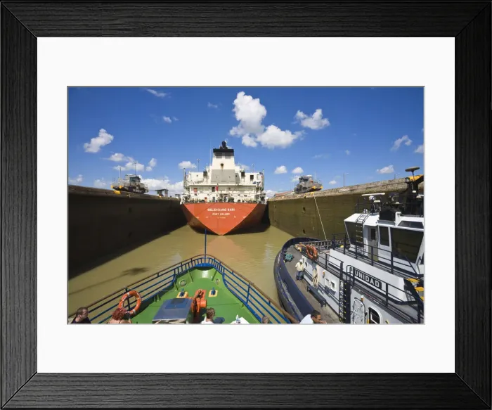 Framed Print : Panama, Panama Canal, Tanker and tourist boat in Miraflores Locks Framed Print : Panama, Panama Canal, Tanker and tourist boat in Miraflores Locks