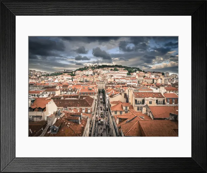 Framed Print : Portugal, Lisbon, rooftop view of Baixa District with Sao Jorge Castle and Alfama Framed Print : Portugal, Lisbon, rooftop view of Baixa District with Sao Jorge Castle and Alfama